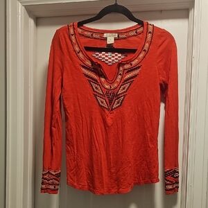 Lucky Brand Vibrant Red Embroidered Long Sleeve Top